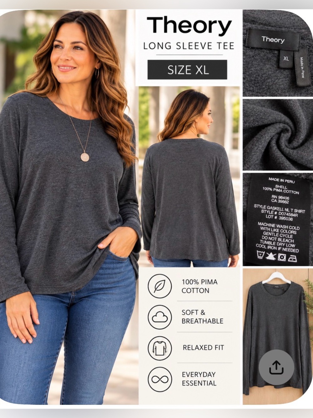 Theory XL Gaskell 100% Pima Cotton Long Sleeve Tee Charcoal Gray
